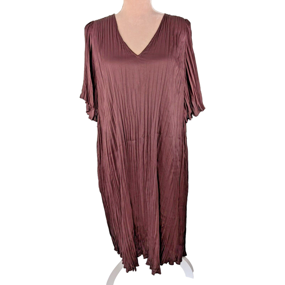 Vince Pleated Satin Flutter Midi Dress in Oxblood Red Brown Large Classic